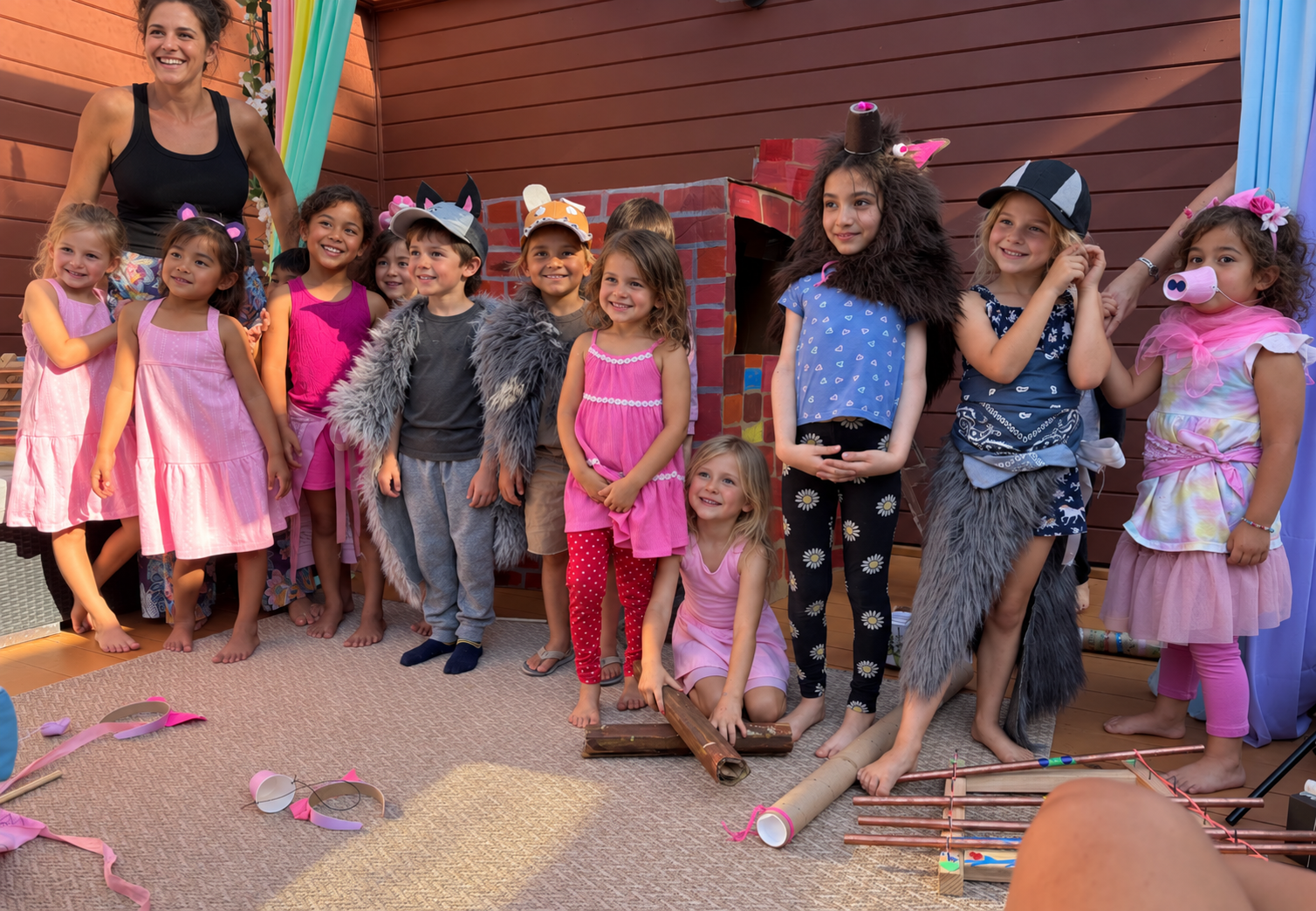 The cast of The Three Little Pigs at the end of year celebration.