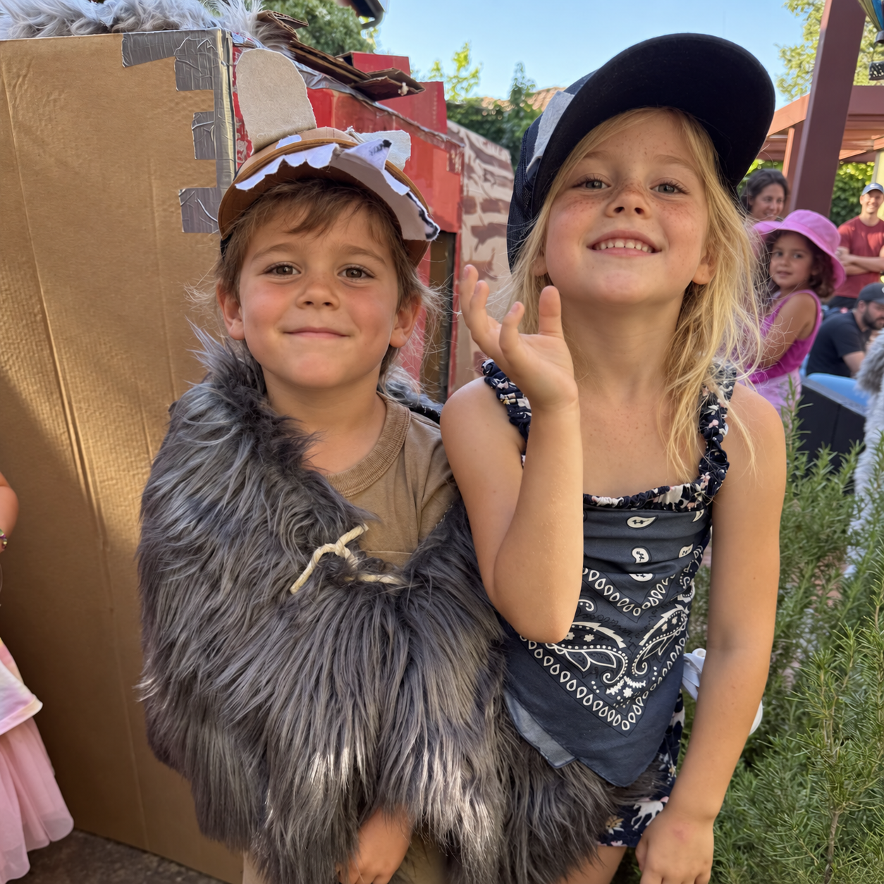Handmade wolf costumes for The Three Little Pigs.