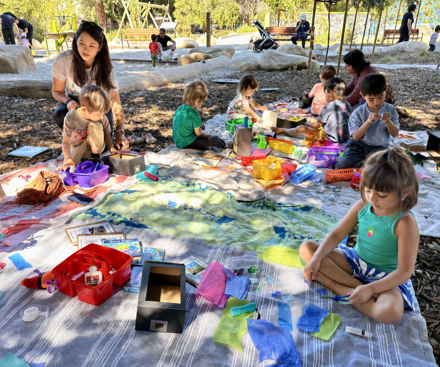 Families working on the glow box lanterns together.
